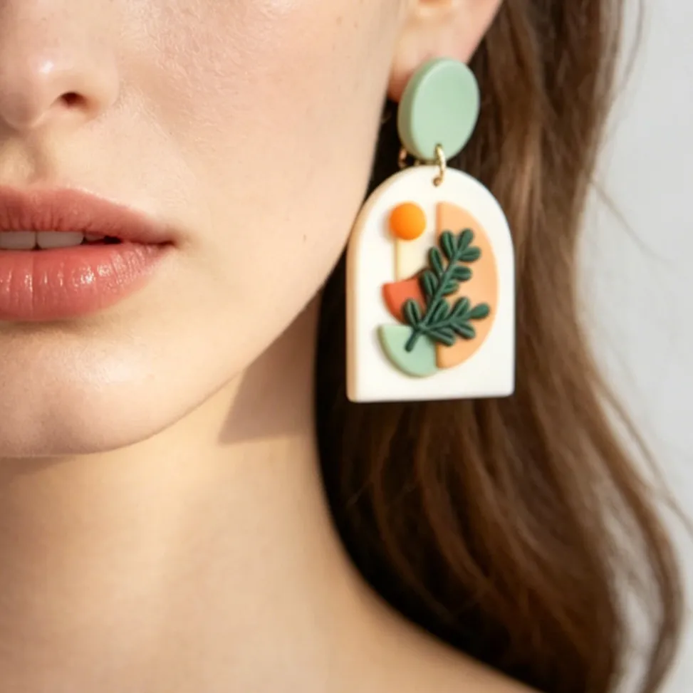 Authentic Matte Look Handmade Arch Dangle Earrings Big Size Polymer Clay Flowers Plants Illustration Nature Pattern Women's Unique Jewelry