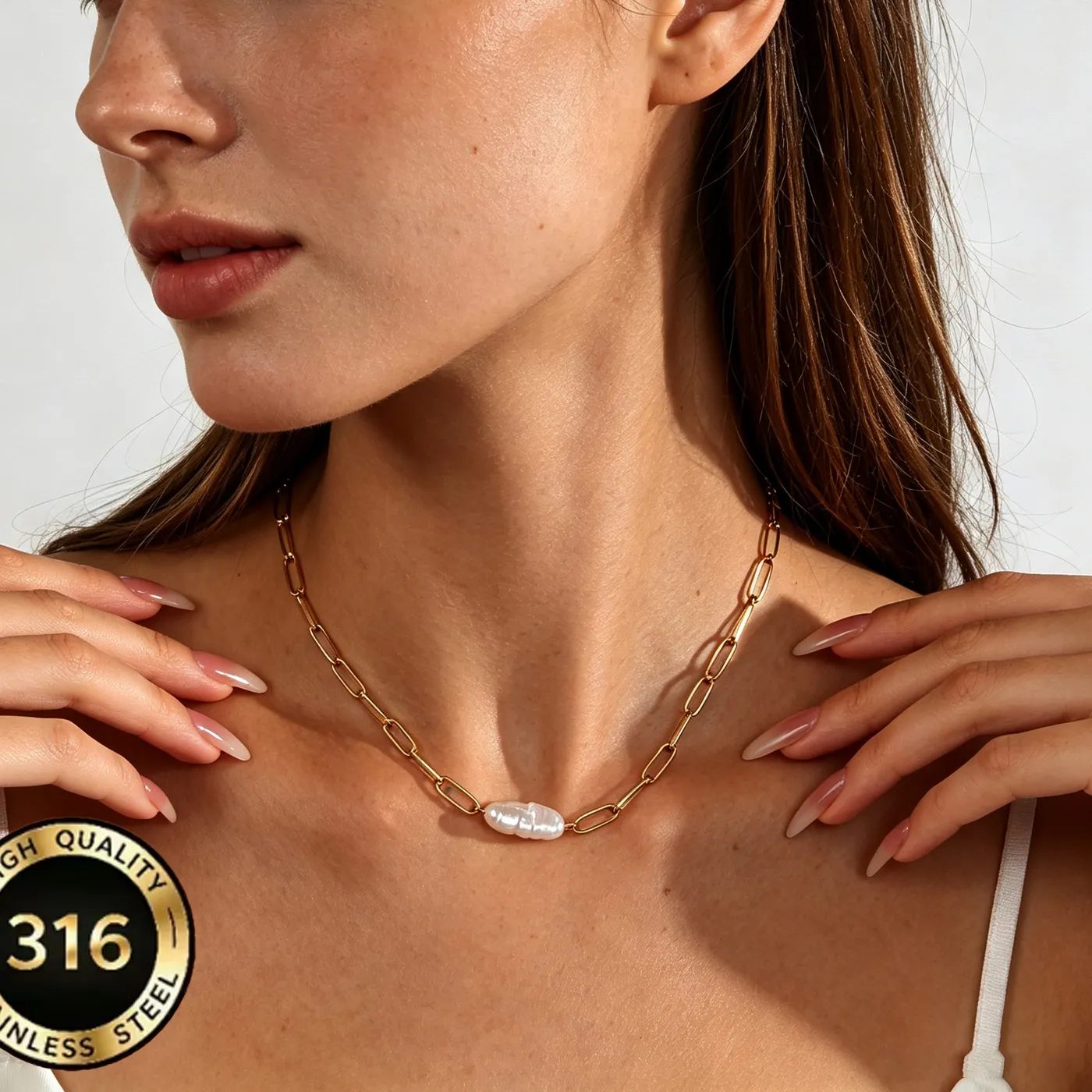 Authentic 316L Creative Paperclip Chain Square Pearl Pendant Necklace Gold Plated Punk Necklace Jewelry