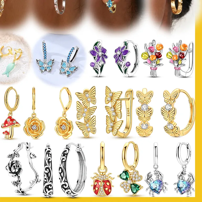 Authentic 925 Sterling Silver Hoop Earrings Rose Tulip Lavender Plant Series Earrings Fit Teens Female Drop Earrings Jewelry