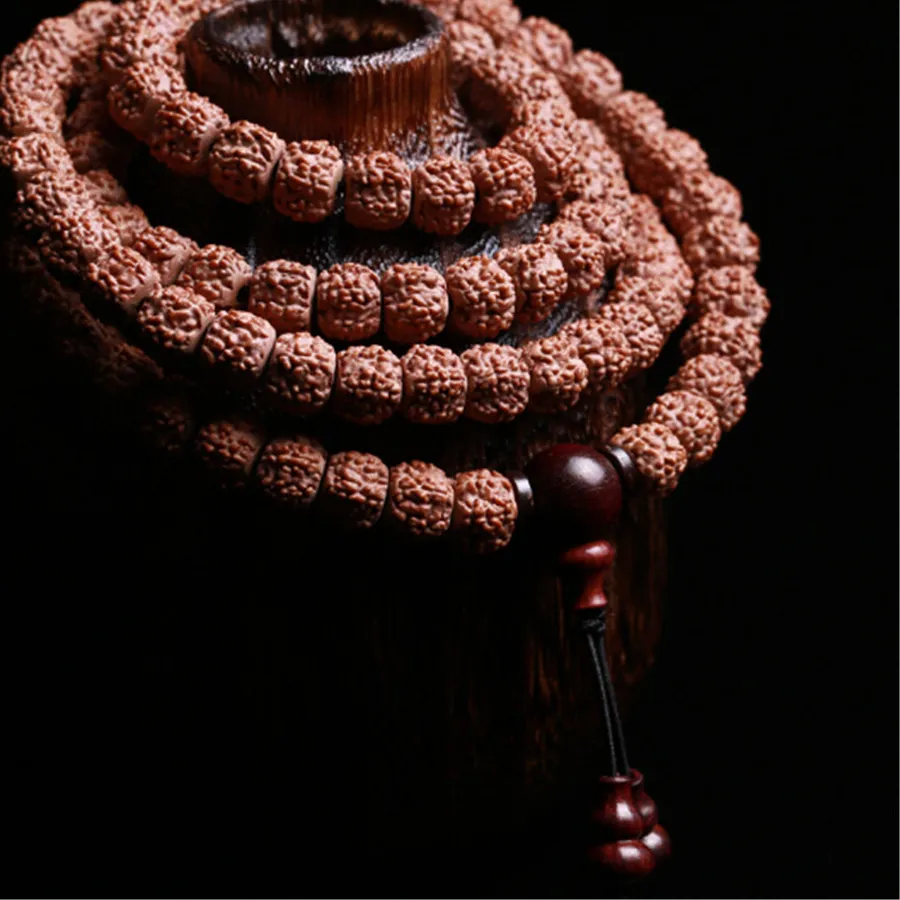 Authentic Sacred Tibetan Rudraksha Mala With Red Sandalwood Triplet- 108 Beads Of Spiritual Awakening