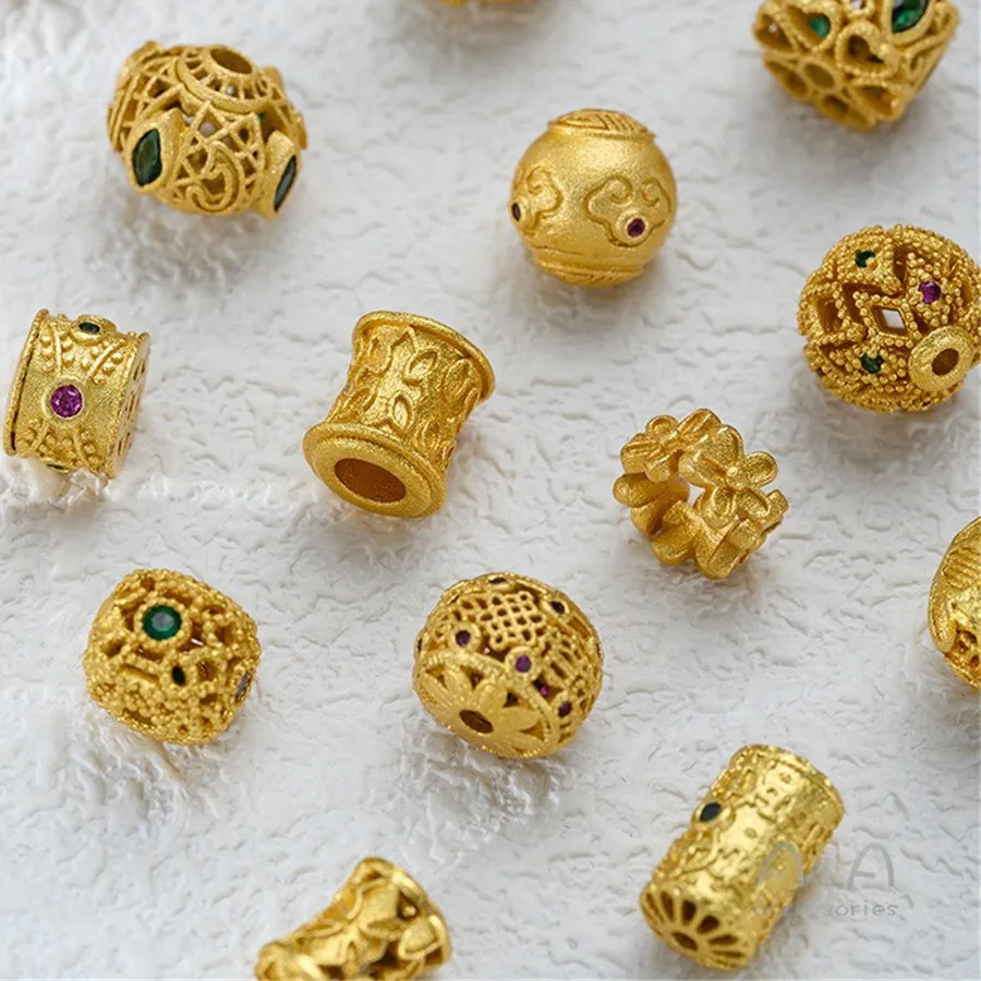 Authentic Sand Gold Colored Zirconium Cylindrical Wheel Beads Hollow Round Bead Partition Xiangyun Lock Diy Beaded Jewelry Accessories