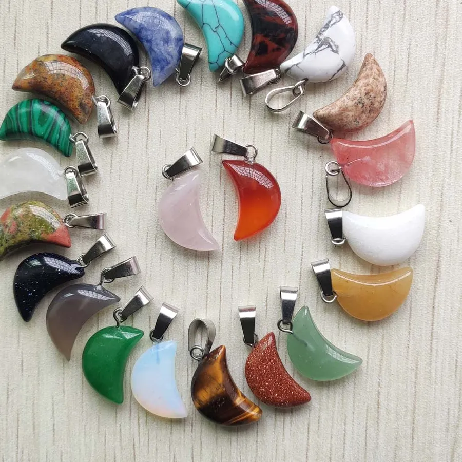 Authentic Celestial Moon Pendants of Mixed Natural Stone and Tiger Eye