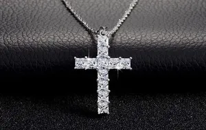 Authentic Celestial Cross Pendant with Princess‑Cut Lab Diamond, 14K White‑Gold Aura