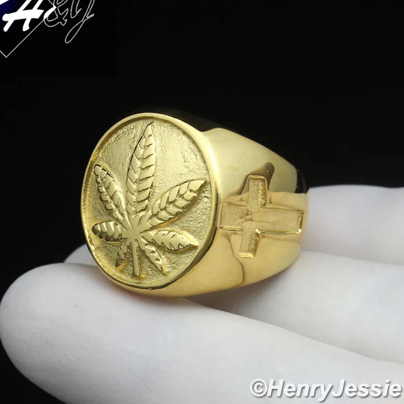 Authentic Blessed by Nature's Harmony - Marijuana Leaf Cross Gold Plated Ring
