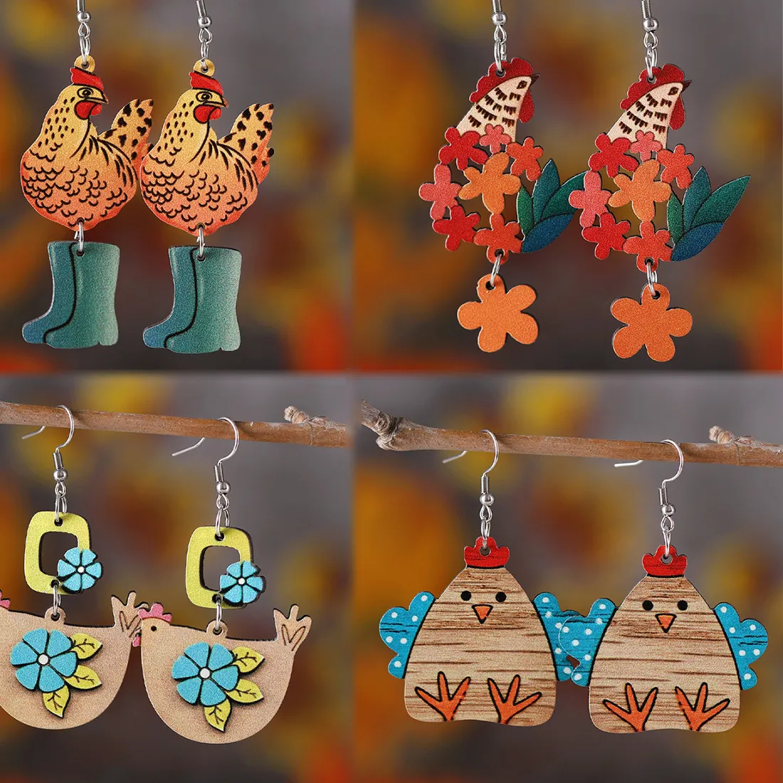 Authentic Whispers Of The Wildflower Coop Handcrafted Hen & Boot Wood Talisman Earrings