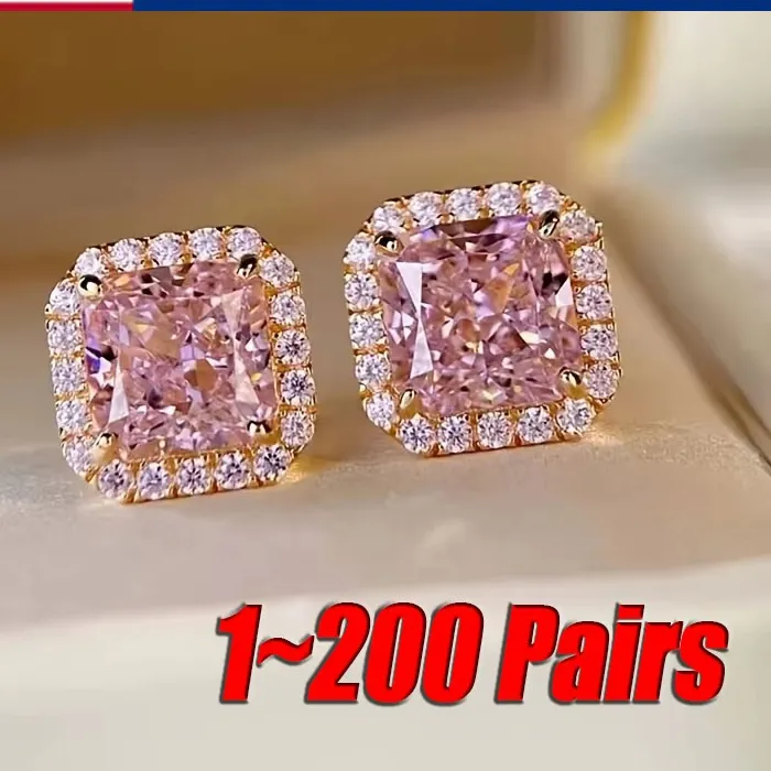Authentic Exquisite 18k Gold Plated Pink Zircons Square Stud Earrings Copper Base