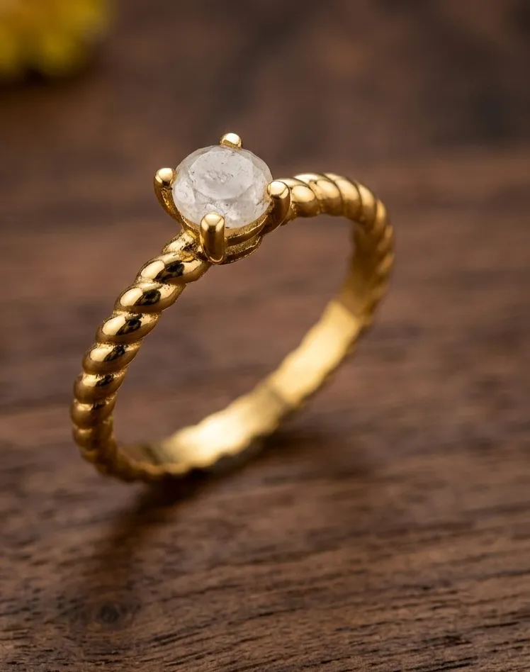 Authentic Natural Rainbow Moonstone Round Ring Gold Plated Handmade Vintage Boho Jewelry.