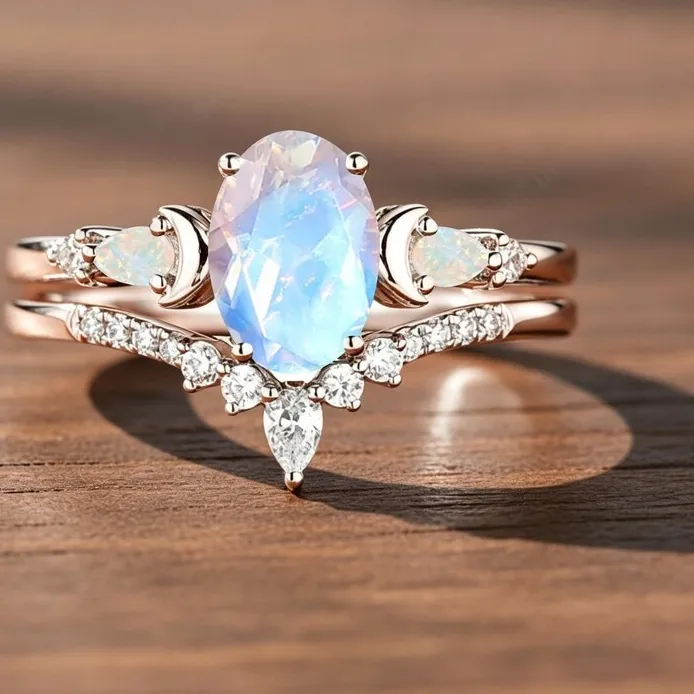 Authentic 925 Sterling Silver Gold Plated Natural Moonstone Oval Cut Engagement Ring Set