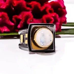 Authentic Celestial Dawn: Rainbow Moonstone and Gold-Plated Silver Ring