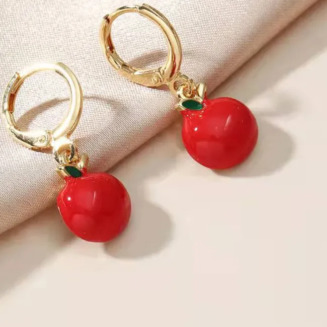 Authentic Bright Red & Green Enamel Apple Strawberry Drop Earrings for Woman Wedding Party Piercing Jewelry Accessories