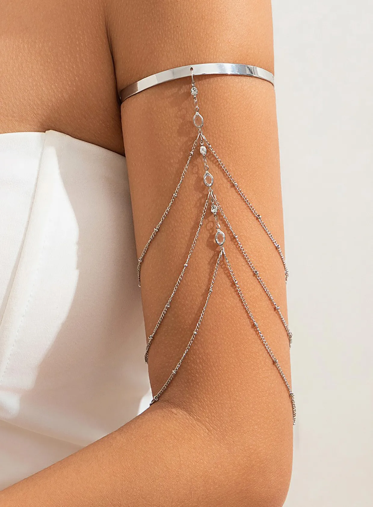 Authentic Crystal Multilayer Tassel Arm Bangle for Women Sexy Metal Rhinestone Beaded Open Adjustable Arm Bracelets Jewelry