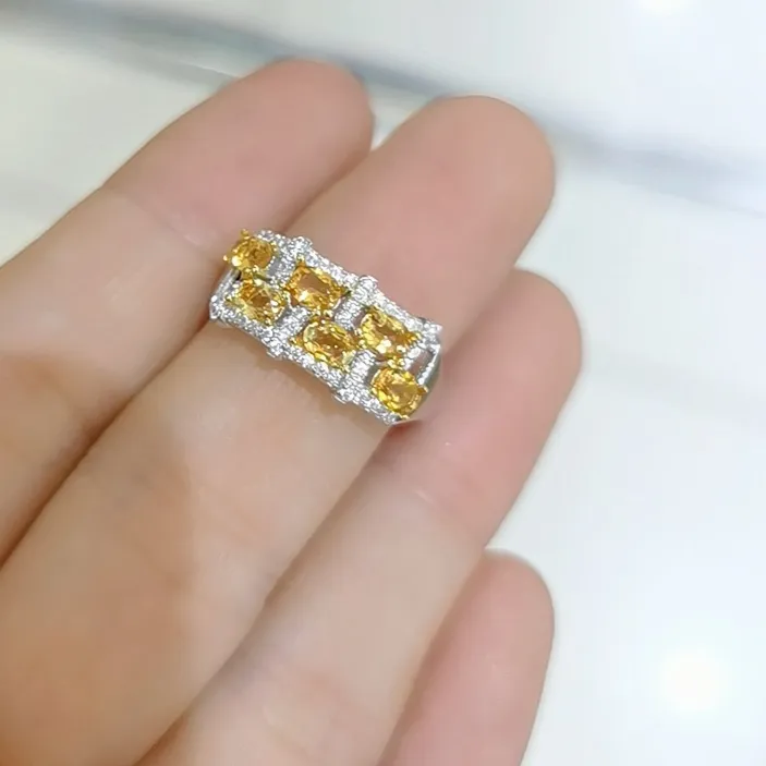 Authentic Sterling Silver Natural Citrine Ring 3Mm 4Mm Total 0.9Ct Genuine Citrine Jewelry 925 Silver Crystal Ring With Gold Plating