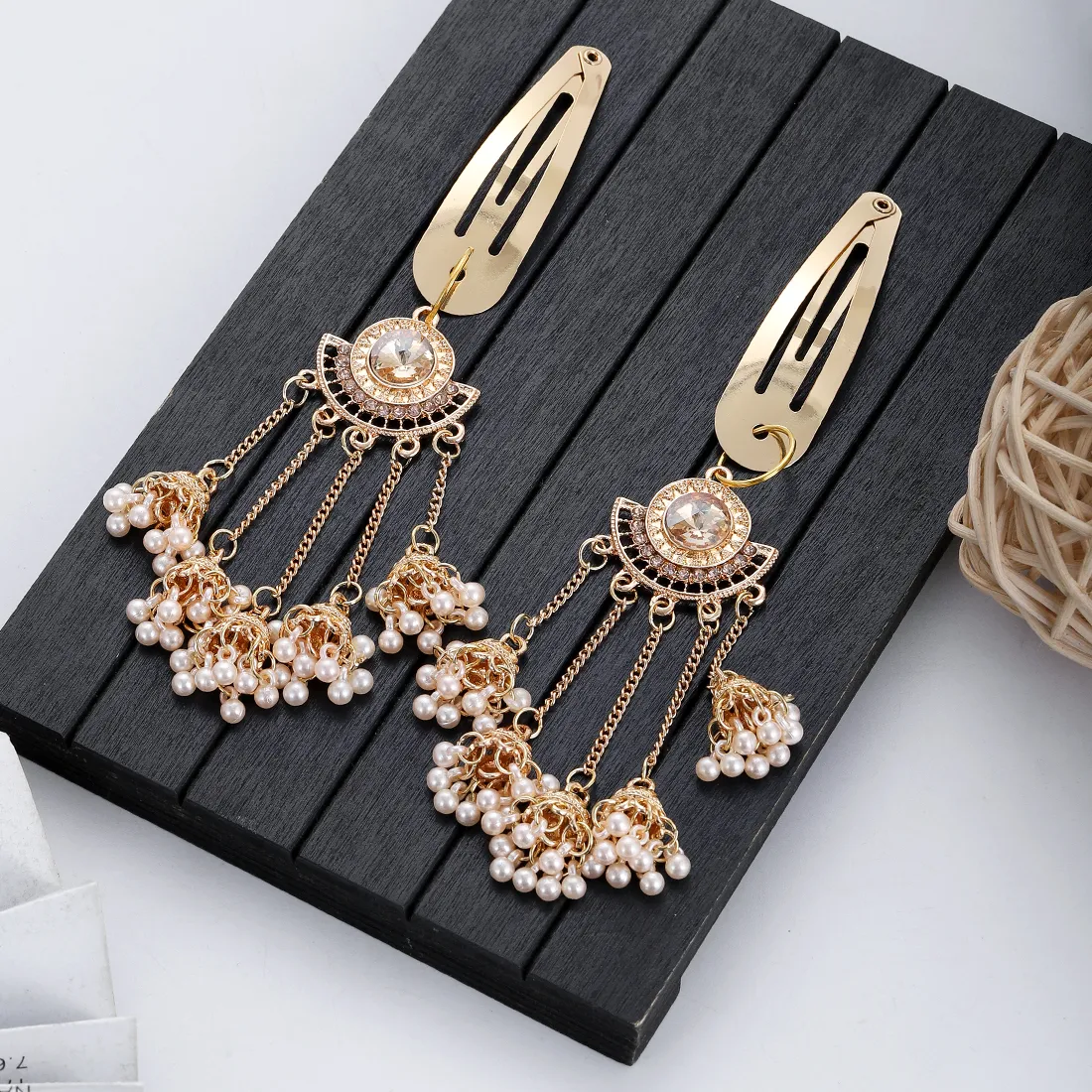Authentic Ethnic Indian Gold Color Crystal Long Tassel Hairpins Geometric Hair Clips Girls Barrettes Slid Clip Jewelry
