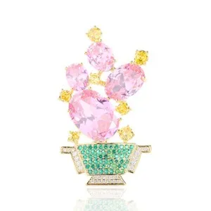 Authentic Celestial Bloom: Gold‑Plated Pink‑Green Flower Brooch Pin