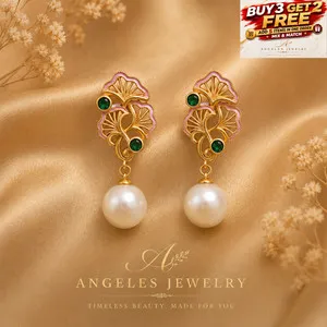 Authentic Enchanted Ginkgo Whisper Earrings – Pearl‑Enamel Drop with Crystal & 18K Gold Aura