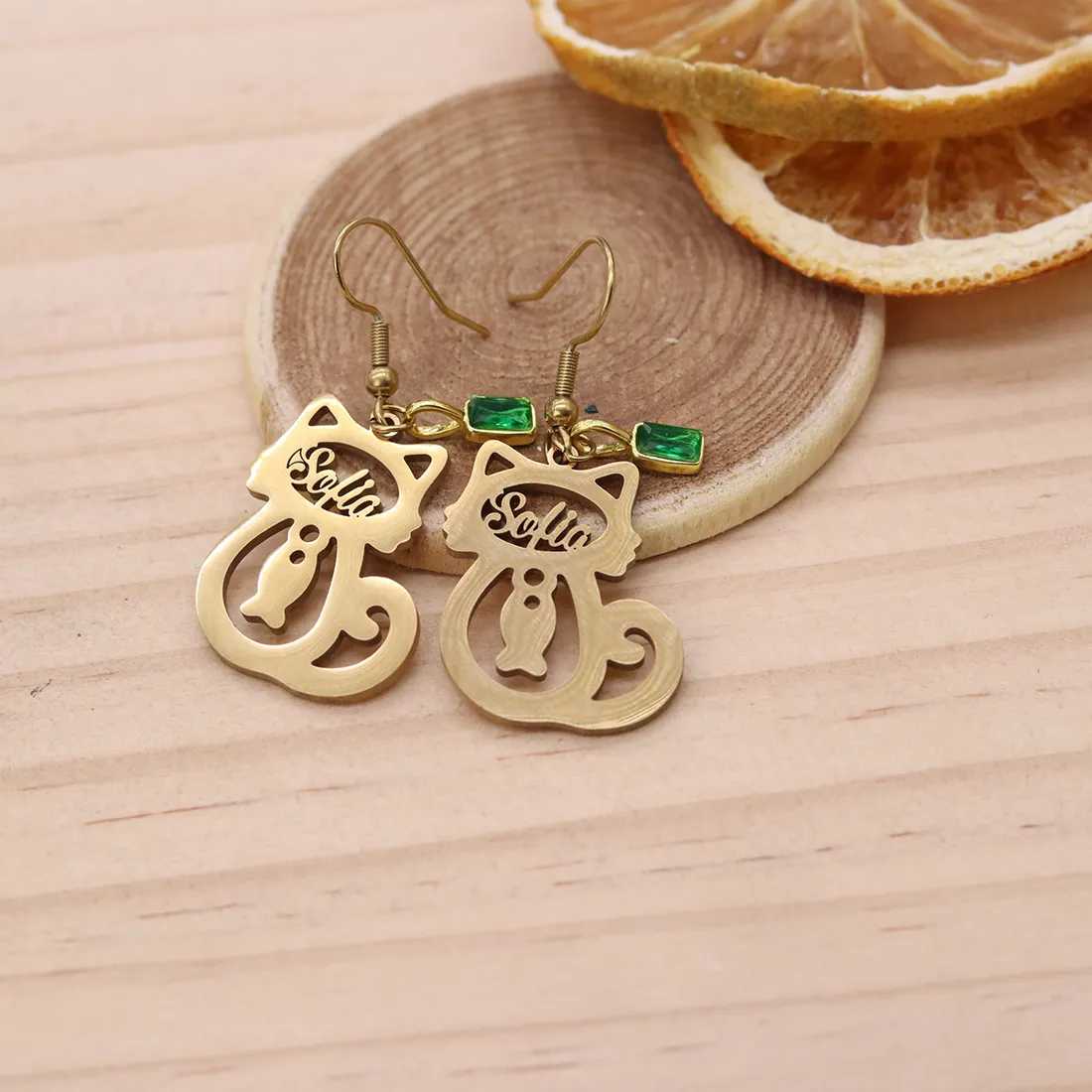 Authentic Whispers of the Feline Spirit Custom Name Cat and Fish Drop Earrings