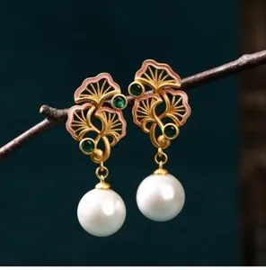 Authentic Jade Enamel Pearl Dangle Earrings Boho Flower Dainty Gemstone 18K Gold Plated