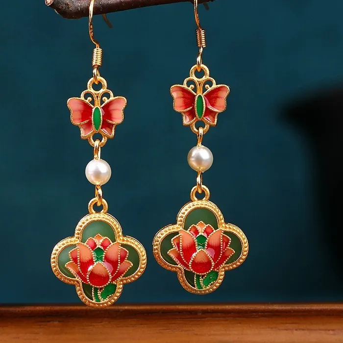 Authentic Blooming Serenity: Boho Butterfly Jade Pearl Dangle Earrings