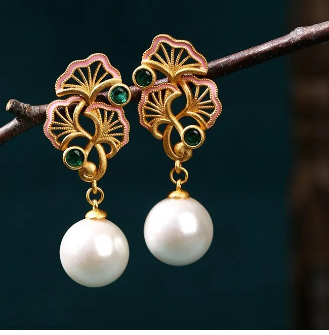 Authentic Jade Enamel Pearl Dangle Earrings Boho Flower Dainty Gemstone 18K Gold Plated