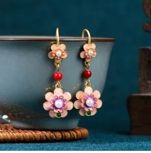 Authentic Jade Enamel Pearl Dangle Earrings Boho Flower Dainty Gemstone 18K Gold Plated