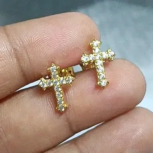 Authentic 1.20Ct Round Cut Lab Created Diamond Cross Stud Earrings 14K Yellow Gold Plated
