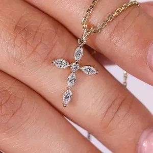 Authentic 1Ct Marquise Cut Lab Created Diamond Women' Cross Pendant 14K Yellow Gold Plated