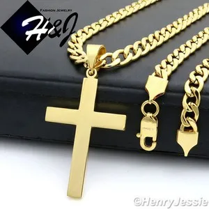 Authentic 18"-40"Stainless Steel 7mm Gold Plated Cuban Curb Chain Plain Cross Pendant*GP64
