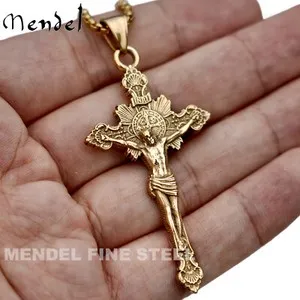 Authentic MENDEL Mens Gold Plated Jesus Crucifix Cross Pendant Necklace For Men