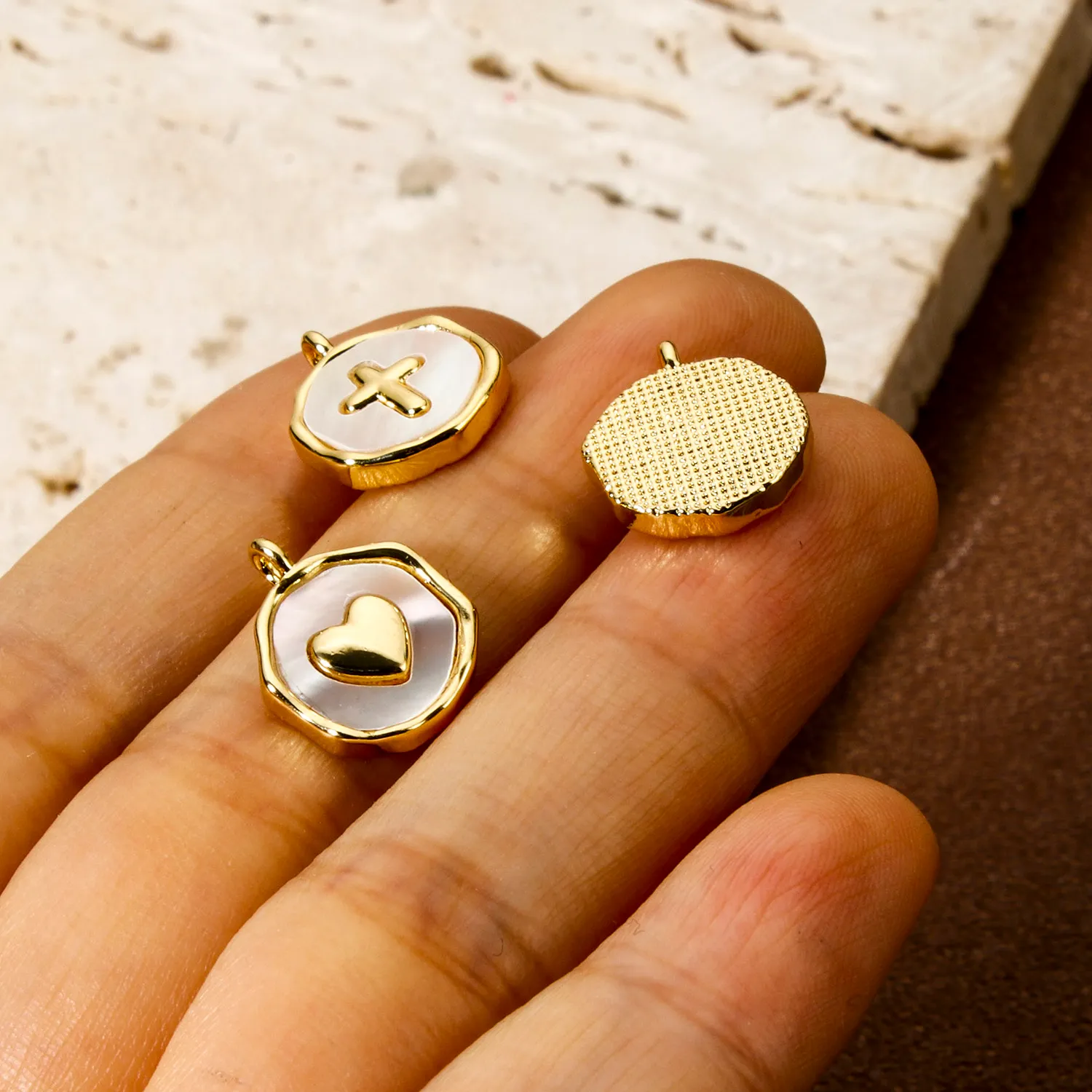 Authentic Celestial Shell Pendant Gold Plated Moon & Heart Cross