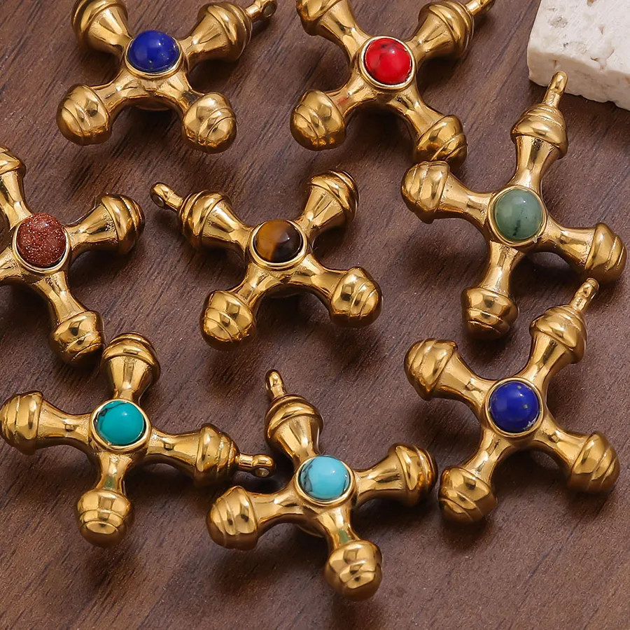 Authentic 2PCS Stainless Steel Charms Gold Plated Natural Stone Cross Pendant for DIY Necklaces Jewelry Making Parts Wholesale