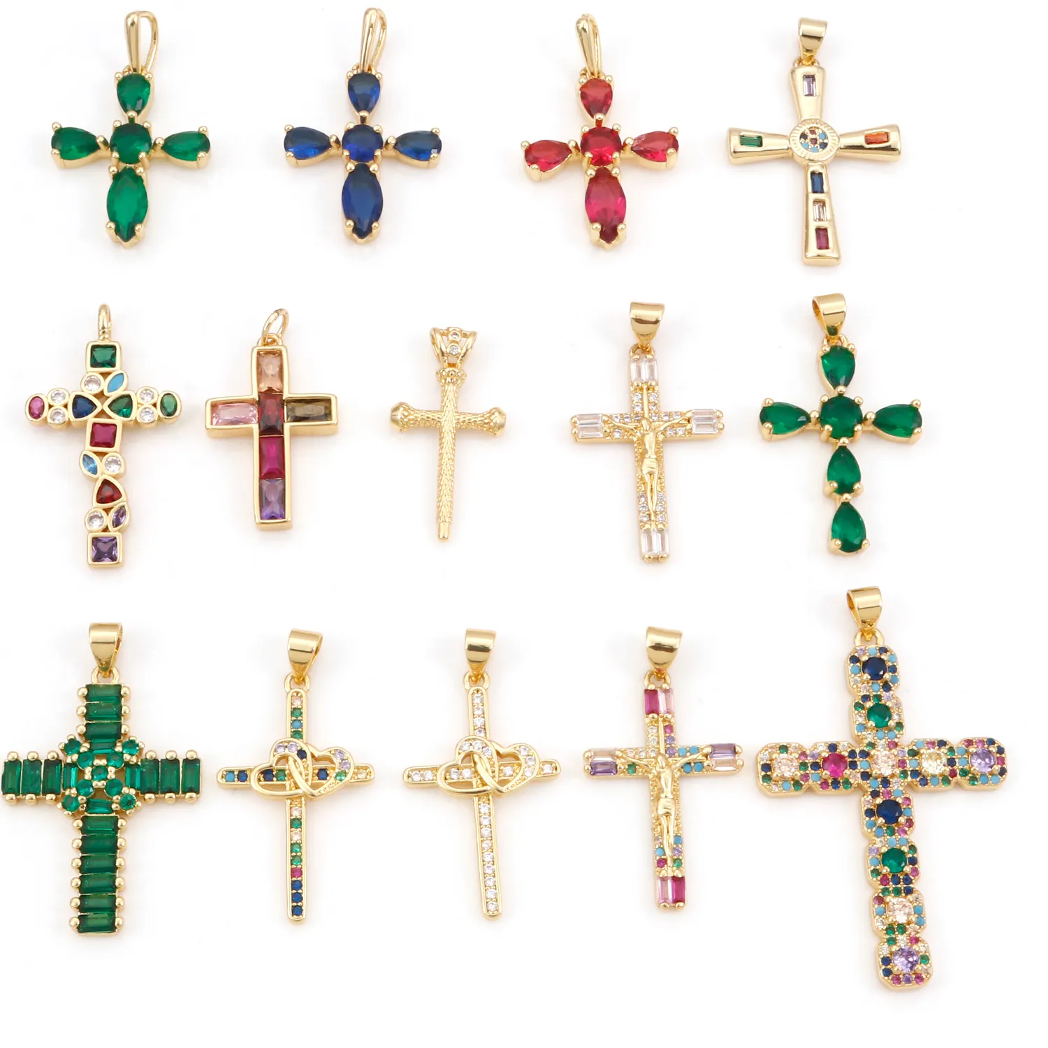 Authentic Fashion Copper Religious Pendants Gold Color Cross Micro Pave Multicolour Cubic Zirconia Charms DIY Making Necklace Jewelry