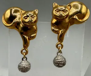 Authentic Mystic Cat's Yarn Ball Earrings Enchanted Gold- Plated Protection