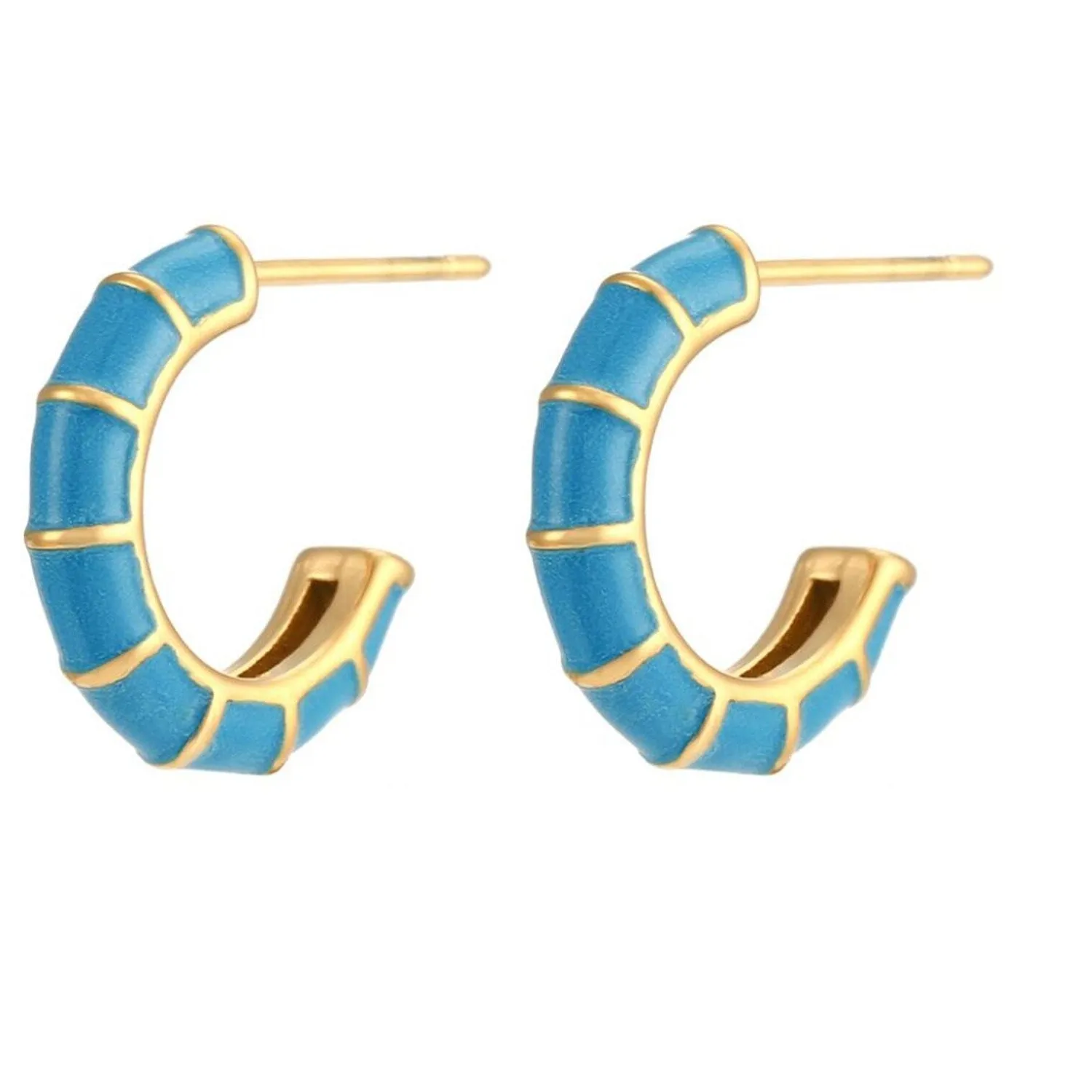 Authentic Blue Enamel Bamboo C Shape Hoop Huggie Earrings 18K Gold Plated Stainless
