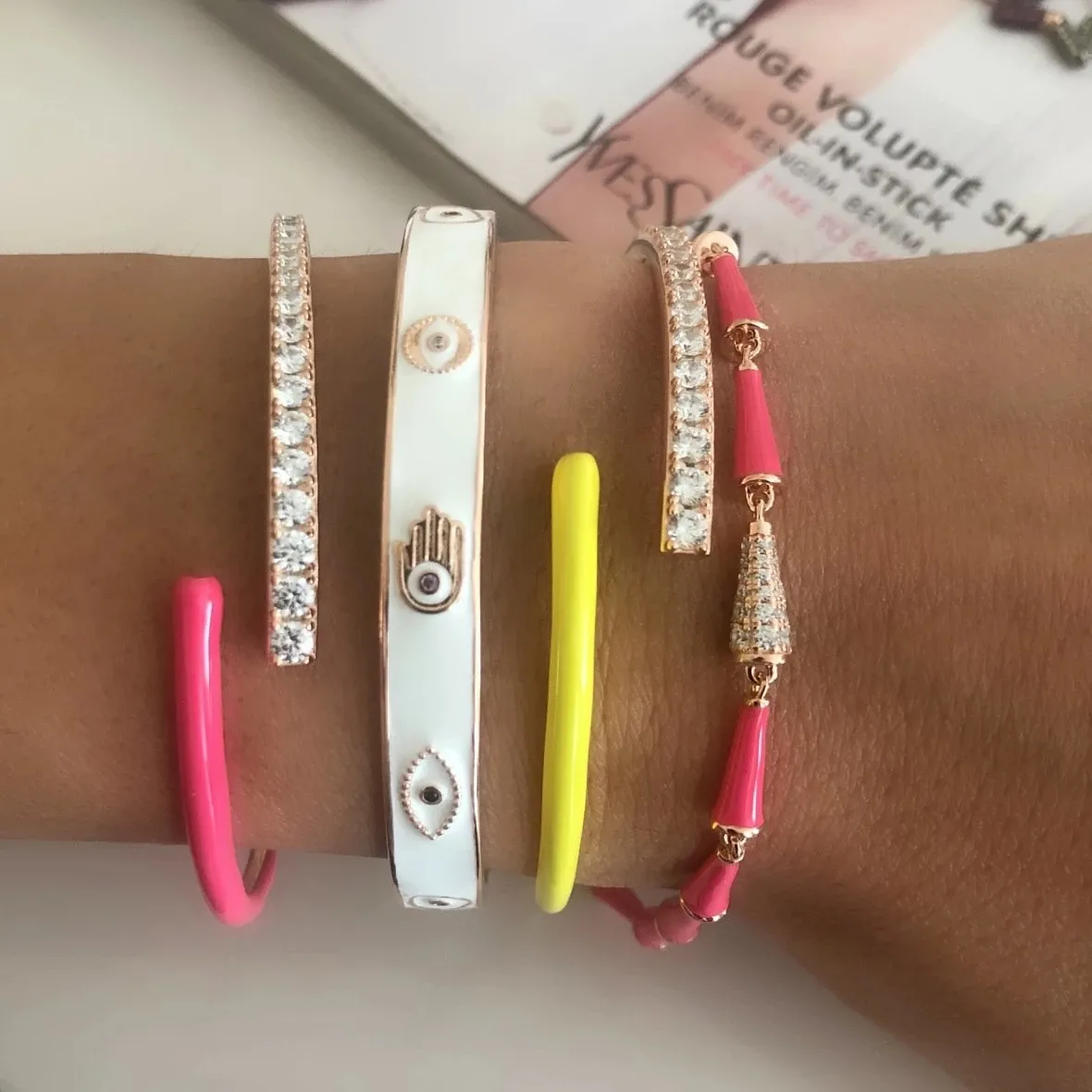Authentic 2025 Summer New Fashion Rose Gold Color White Enamel Lucky Turkish Evil Eye Open Cuff Charm Bangle Bracelets For Women Jewelry