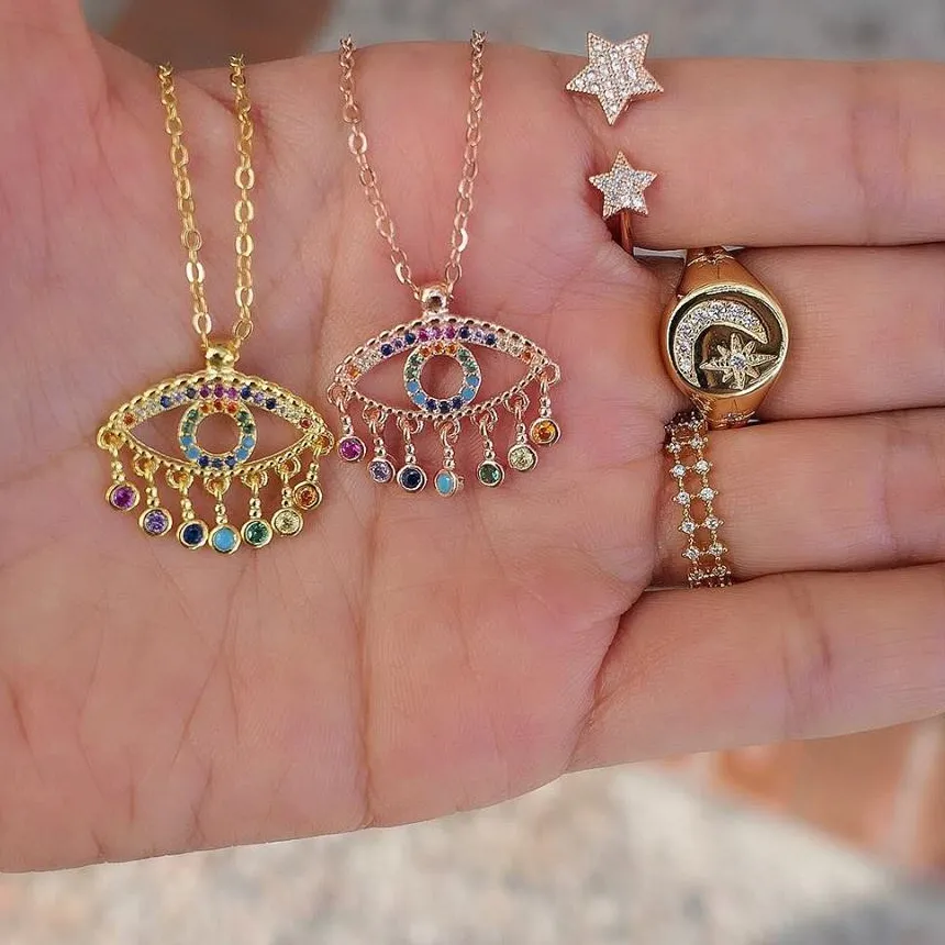 Authentic Floating flexible colorful cz evil eye drop charm necklace Gold Color turkish lucky ladyes rainbow cz stone trendy jewelry