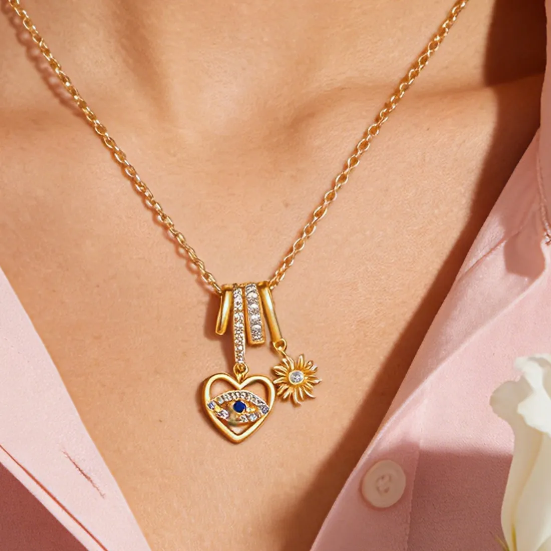 Authentic Heart Evil Eye Pendant Necklace With Charm Sun Gold Color Zircon Turkish Evil Eye Protection Necklaces Lucky Luxury Jewelry