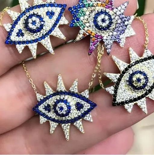 Authentic Micro Pave 5A Blue White CZ Lucky Turkish Evil Eye Charm Pendant Necklace High Quality Gold Color Women Necklace