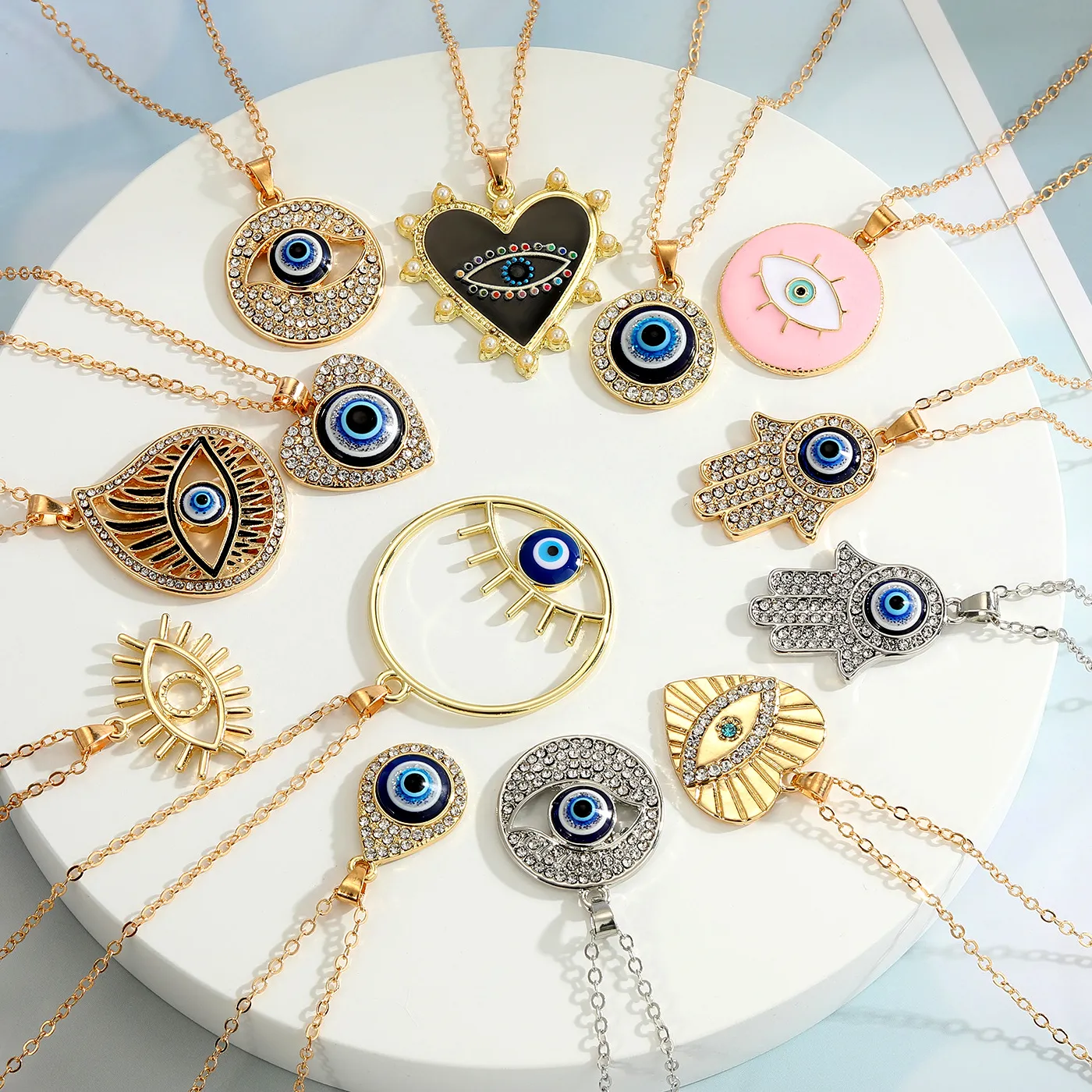 Authentic Fashion Lucky Blue Turkish Evil Eye Necklace Jewelry Women Gold Color Charm Crystal Hasma Fatima Hand Pendant Bijoux