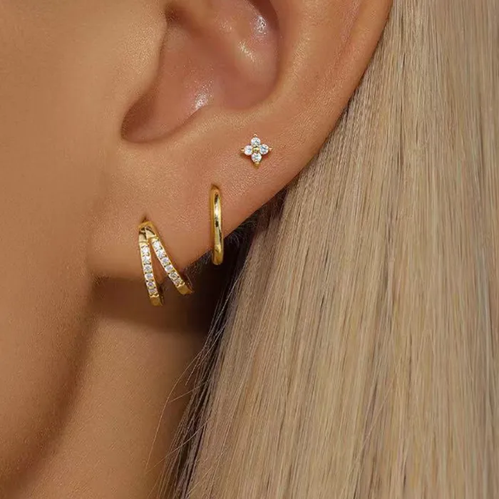 Authentic Celestial Blooms: 3-Piece Zircon Flower Hoop Earrings Set