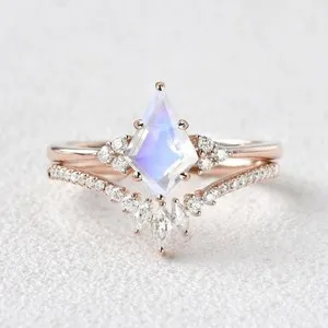 Authentic Luminous Lunar Embrace Kite Cut Moonstone Ring Set in Gold-Plated Silver