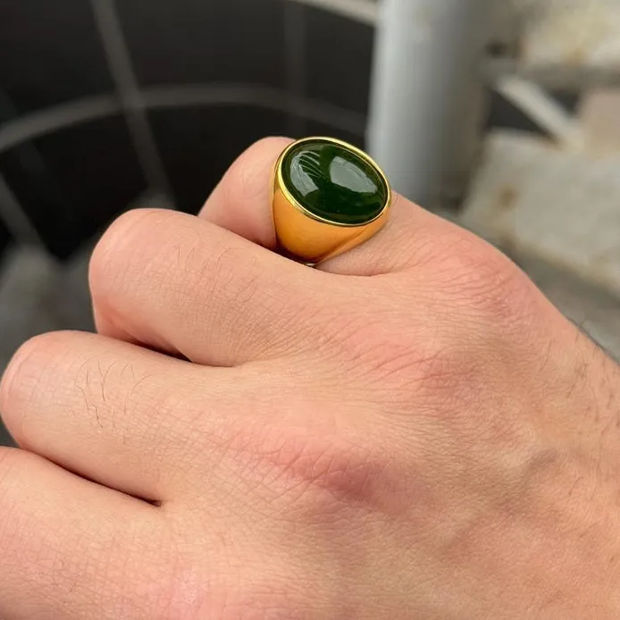 Authentic Men Green Jade Stone Classic Gold Plated Green Jade Ring
