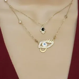 Authentic Stainless Steel Gold Plated Evil Eye & Hamsa Hand Pendant Layered Necklace