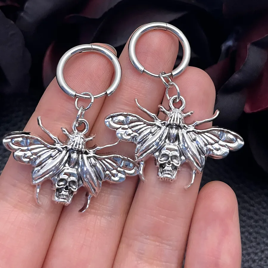 Authentic Gothic Punk Death Moth Dangle Hoop Earrings Silvery Skull Moth Filigree Moth Huggie Earrings Halloween Dark Witchy Jewelry
