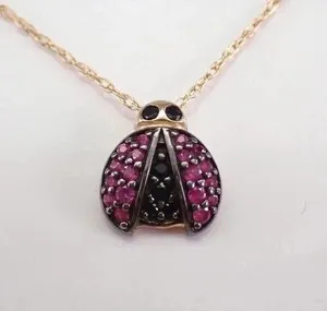 Authentic 2Ct Lab-Created Pink Ruby Ladybug Shape Pendant 14K Two-Tone Gold Plated Silver