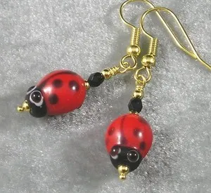 Authentic Lampwork Glass Handmade Red Black Ladybug Earrings Gold Plated Hypoallergenic