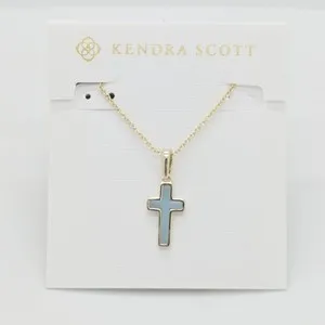 Authentic Celestial Horizon Cross Pendant in Radiant Gold and Light Blue Dichroic Glass