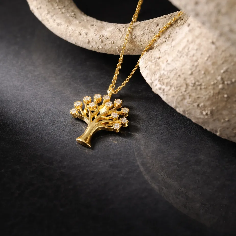 Authentic Tree of life necklace pendant 14k yellow gold plated simulated diamonds