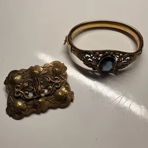 Authentic The Gilded Whispers of Antiquity: Art Nouveau Amber Brooch and Gold-Plated Bangle