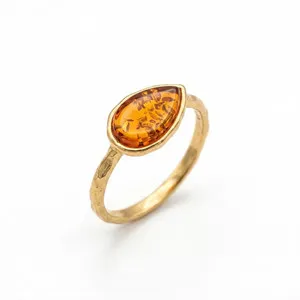 Authentic Radiant Sun-Drop: 24K Gold-Plated Pear Baltic Amber and Sterling Silver Ring