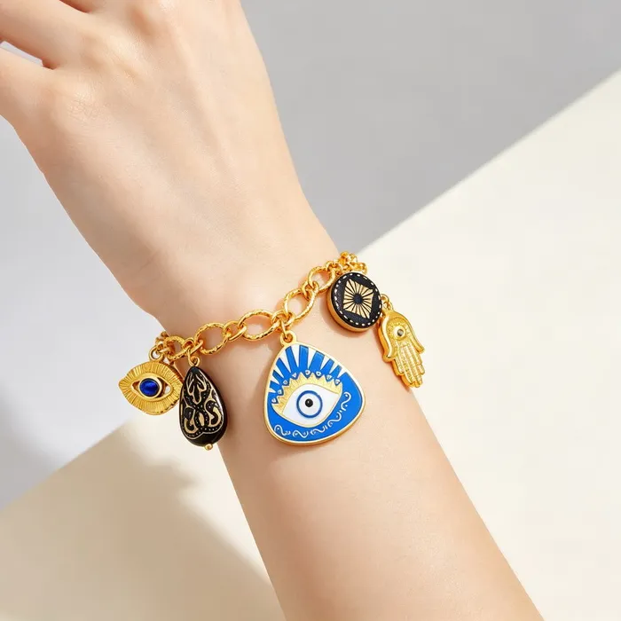 Authentic Radiant Sanctuary Golden Hamsa and Evil Eye Talisman Bracelet